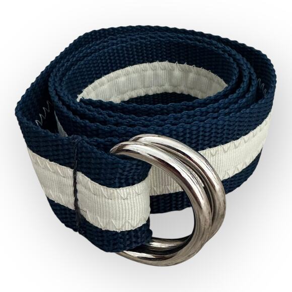 American VTG Y2K Blue and White Fabric Striped Belt with Metal Buckle - Picture 9 of 9